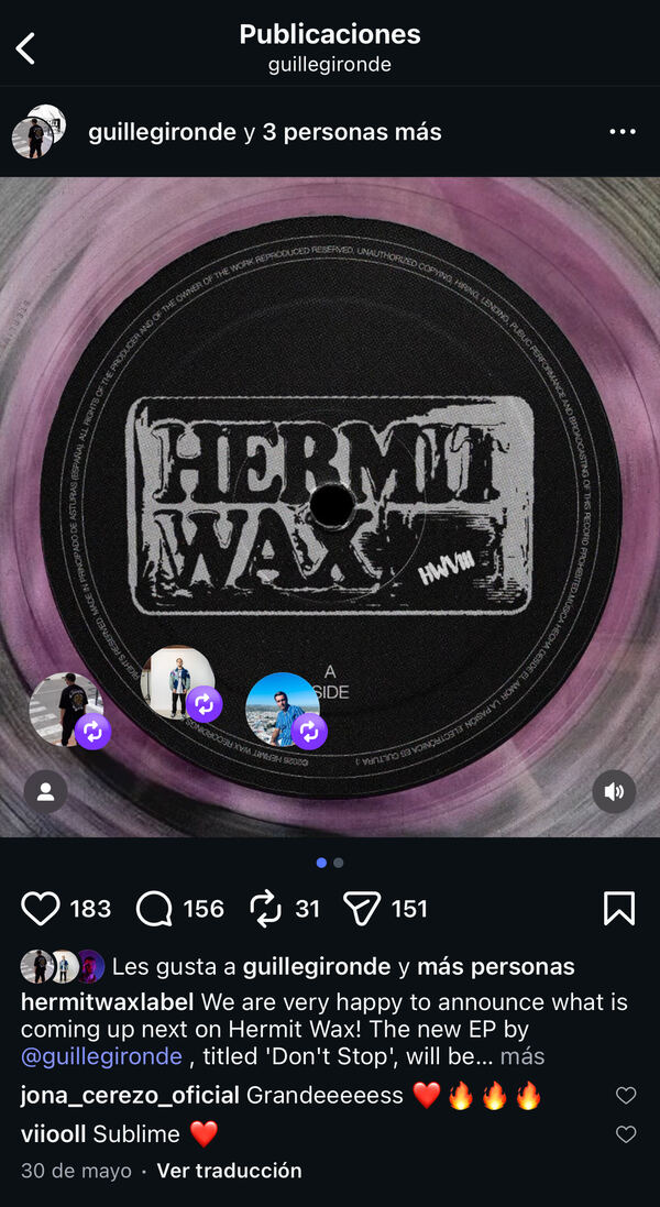 Jona Cerezo comentando un lanzamiento de Hermit Wax en Instagram