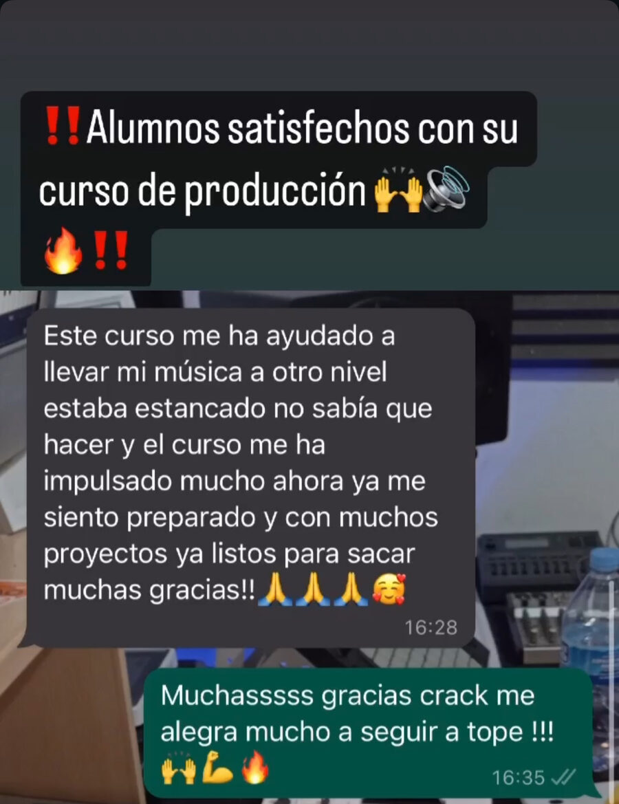 Captura real de WhatsApp: alumno agradece a Jona porque el curso le ayudó a llevar su música a otro nivel