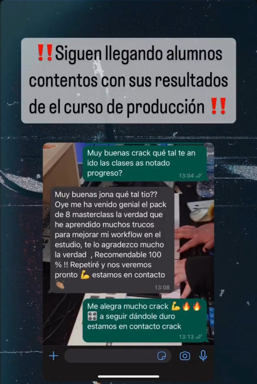 Captura real de WhatsApp: alumno recomienda al 100% el pack de 8 masterclass de Jona